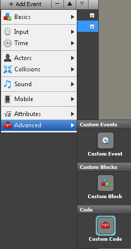 Add Event > Advanced > Custom Code